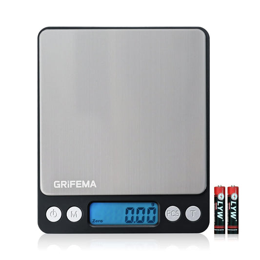 GRIFEMA GA2003 Balance de Cuisine Électronique 0,05-500g, Précision 0,01g, Plateau 10x10cm Acier Inoxydable, Écran LCD Rétroéclairé, 6 Unités de Mesure, Fonction Tare