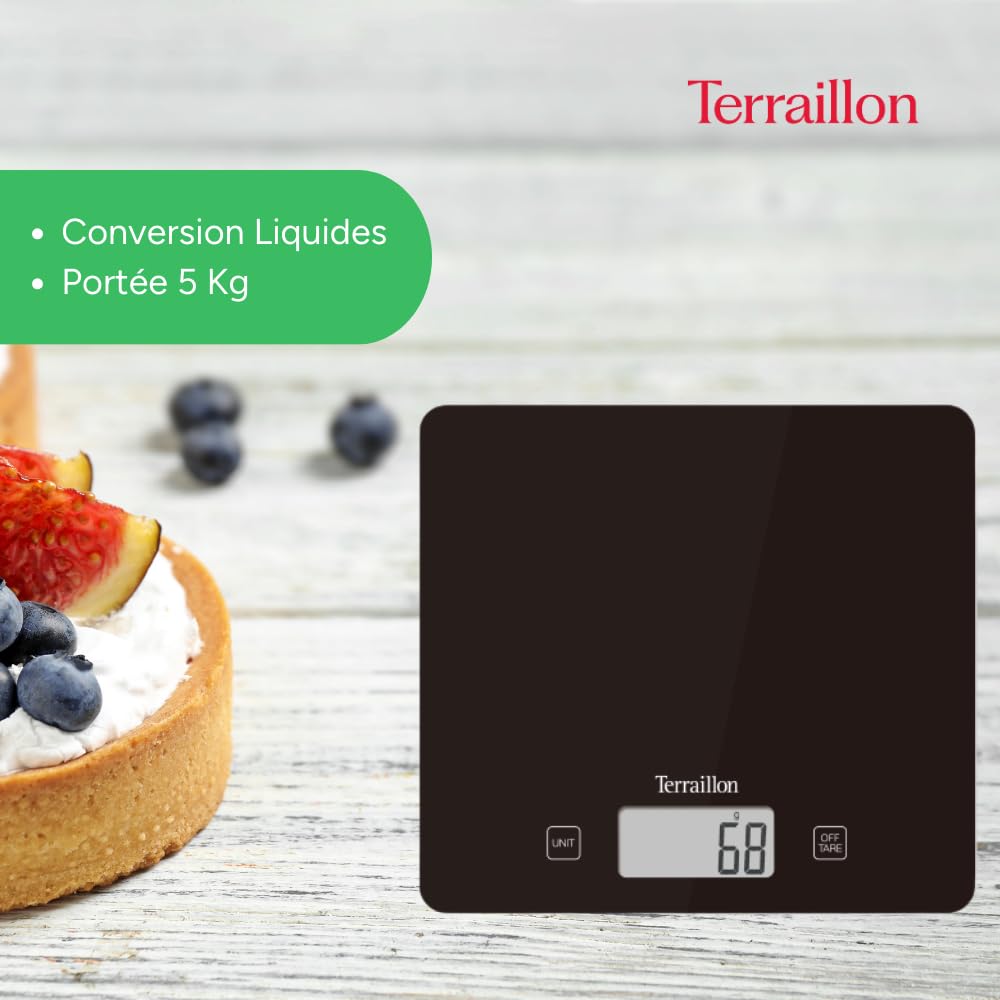 TERRAILLON - T1040 CLASSIC BLACK, Balance de Cuisine électronique, Plateau verre, Tare, Conversions Liquides, Ultra-Fine, Portée 5 kg, Graduation 1g, Noir
