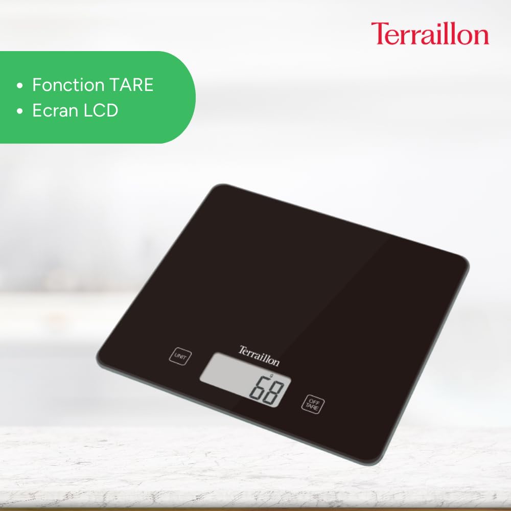 TERRAILLON - T1040 CLASSIC BLACK, Balance de Cuisine électronique, Plateau verre, Tare, Conversions Liquides, Ultra-Fine, Portée 5 kg, Graduation 1g, Noir