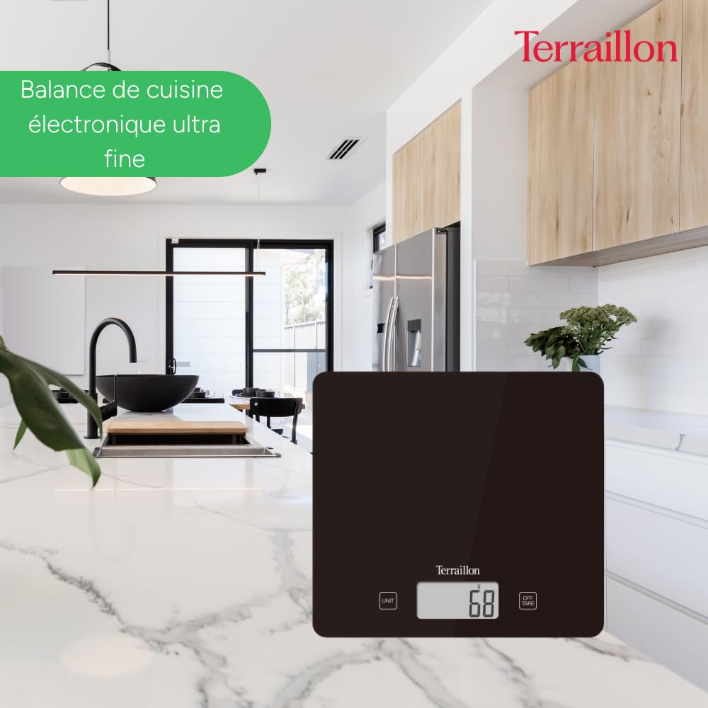 TERRAILLON - T1040 CLASSIC BLACK, Balance de Cuisine électronique, Plateau verre, Tare, Conversions Liquides, Ultra-Fine, Portée 5 kg, Graduation 1g, Noir