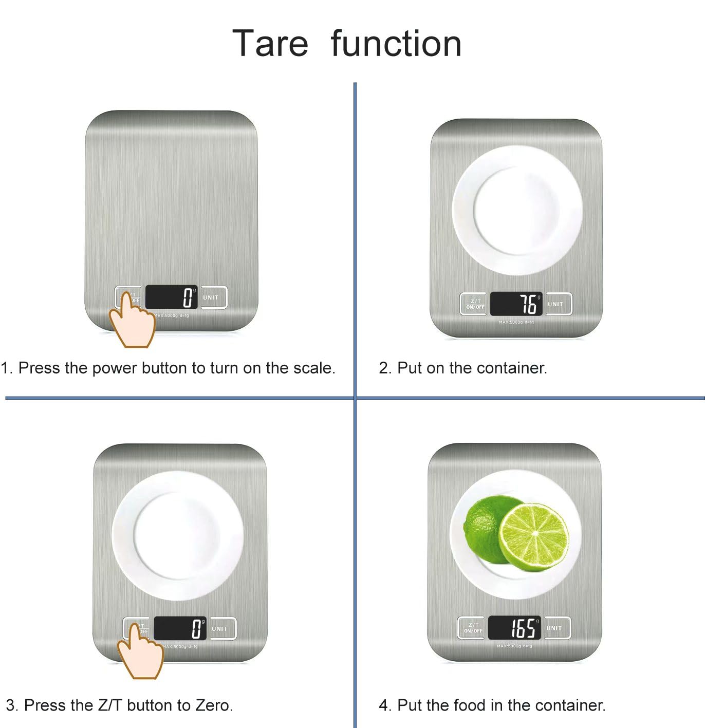 HomeFashion Balance de Cuisine Électronique de Haute Précision 5000g/1g avec Écran LCD Rétroéclairé, 6 Unités et Fonction Tare Acier Inoxydable, Piles incluses