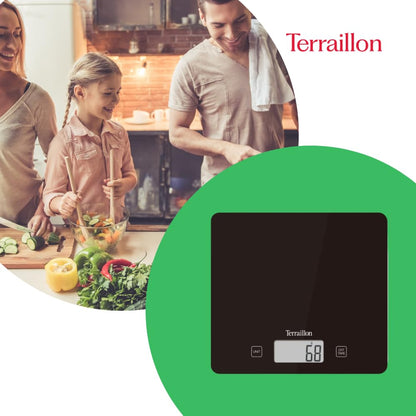 TERRAILLON - T1040 CLASSIC BLACK, Balance de Cuisine électronique, Plateau verre, Tare, Conversions Liquides, Ultra-Fine, Portée 5 kg, Graduation 1g, Noir