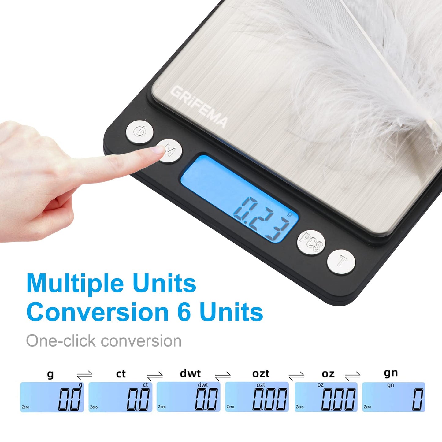 GRIFEMA GA2003 Balance de Cuisine Électronique 0,05-500g, Précision 0,01g, Plateau 10x10cm Acier Inoxydable, Écran LCD Rétroéclairé, 6 Unités de Mesure, Fonction Tare