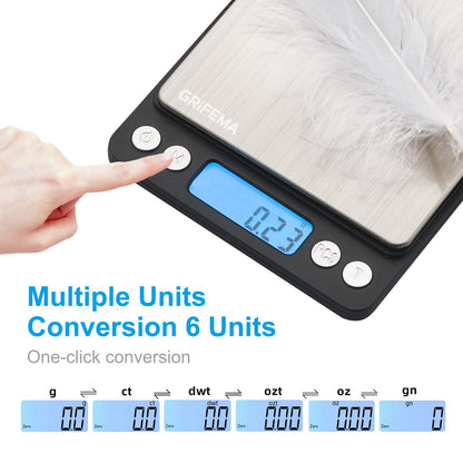 GRIFEMA GA2003 Balance de Cuisine Électronique 0,05-500g, Précision 0,01g, Plateau 10x10cm Acier Inoxydable, Écran LCD Rétroéclairé, 6 Unités de Mesure, Fonction Tare