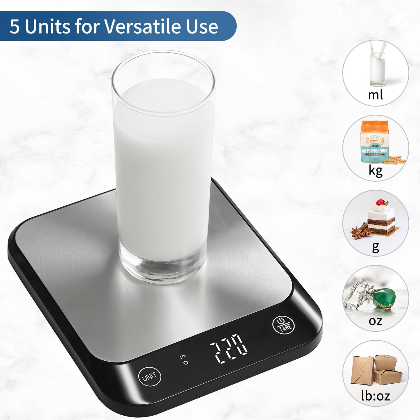 Vitafit 10kg Balance de cuisine numérique, Professionnelle de Pesage Depuis 2001, 6 Unités et Fonction Tare Acier Inoxydable Smart Digital Balance de Alimentaire Multifonctionnel,Noir