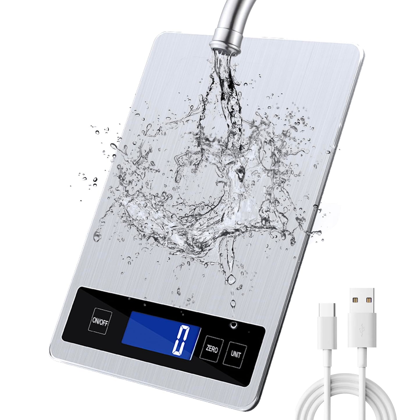 Balance de cuisine numérique 15 kg avec écran LCD + acier inoxydable + verre trempé - Précision jusqu'à 1 g - g/kg/lb:oz/ml/fl'oz - TYPE-C ou piles