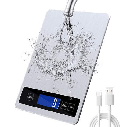 Balance de cuisine numérique 15 kg avec écran LCD + acier inoxydable + verre trempé - Précision jusqu'à 1 g - g/kg/lb:oz/ml/fl'oz - TYPE-C ou piles