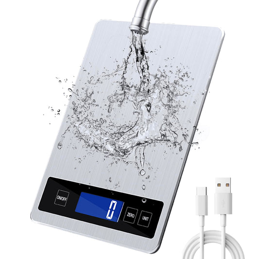 Balance de cuisine numérique 15 kg avec écran LCD + acier inoxydable + verre trempé - Précision jusqu'à 1 g - g/kg/lb:oz/ml/fl'oz - TYPE-C ou piles