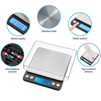 GRIFEMA GA2003 Balance de Cuisine Électronique 0,05-500g, Précision 0,01g, Plateau 10x10cm Acier Inoxydable, Écran LCD Rétroéclairé, 6 Unités de Mesure, Fonction Tare