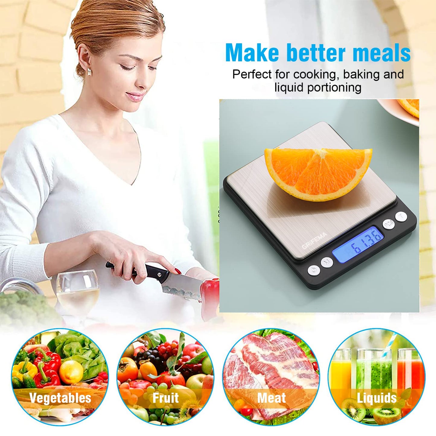 GRIFEMA GA2003 Balance de Cuisine Électronique 0,05-500g, Précision 0,01g, Plateau 10x10cm Acier Inoxydable, Écran LCD Rétroéclairé, 6 Unités de Mesure, Fonction Tare