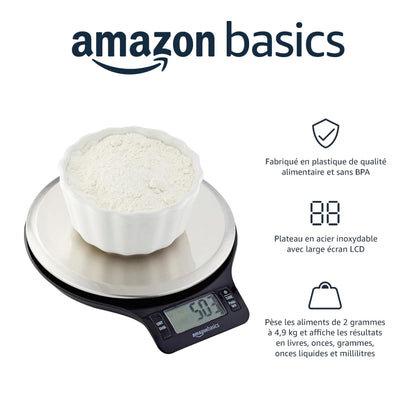 Amazon Basics Balance de cuisine numérique, sans bisphénol A, en acier inoxydable avec affichage LCD (piles fournies), Noir
