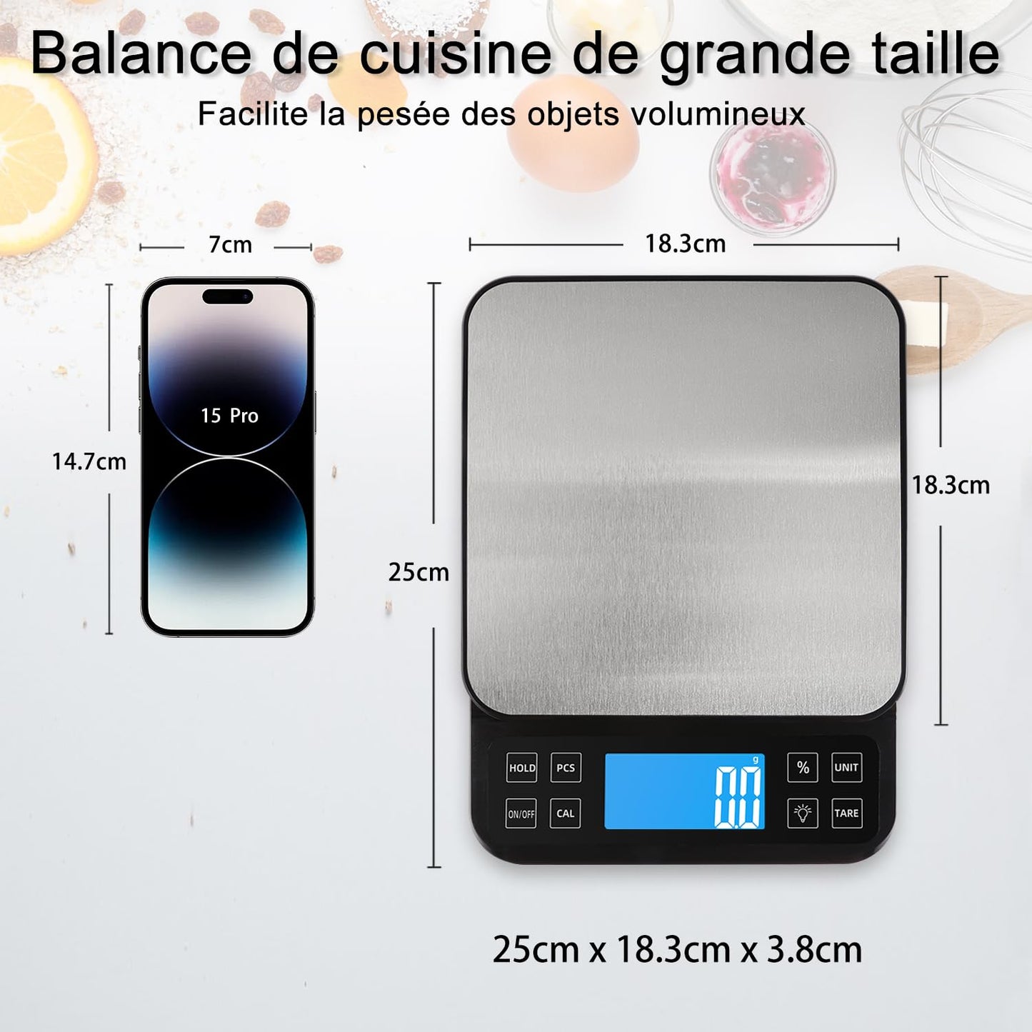 BOMATA Balance de cuisine grande taille, précision de 0,1 g, balance de boulangerie de 5 kg fonction pourcentage, rechargeable par USB, écran LCD à angle complet avec rétroéclairage, Noir et Argent