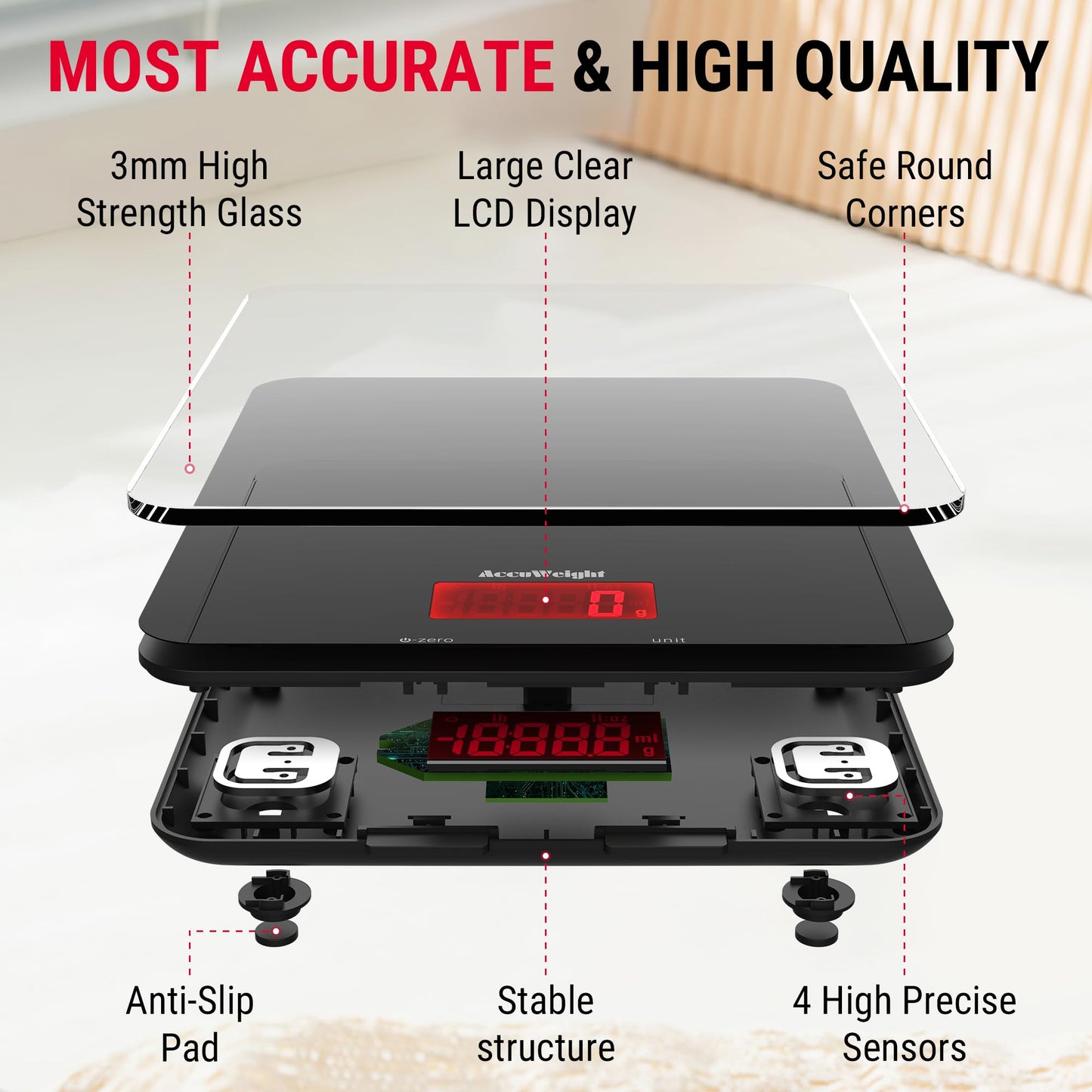 ACCUWEIGHT 201 Balance de cuisine numérique avec plate-forme en verre trempé Balance électronique pour aliments avec écran LCD, rétroéclairé pour bureau, pâtisserie, cuisine, 5 kg/11 lb