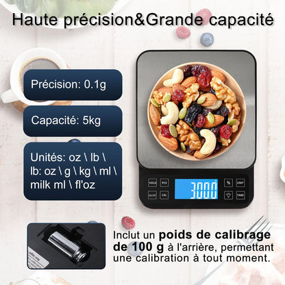 BOMATA Balance de cuisine grande taille, précision de 0,1 g, balance de boulangerie de 5 kg fonction pourcentage, rechargeable par USB, écran LCD à angle complet avec rétroéclairage, Noir et Argent