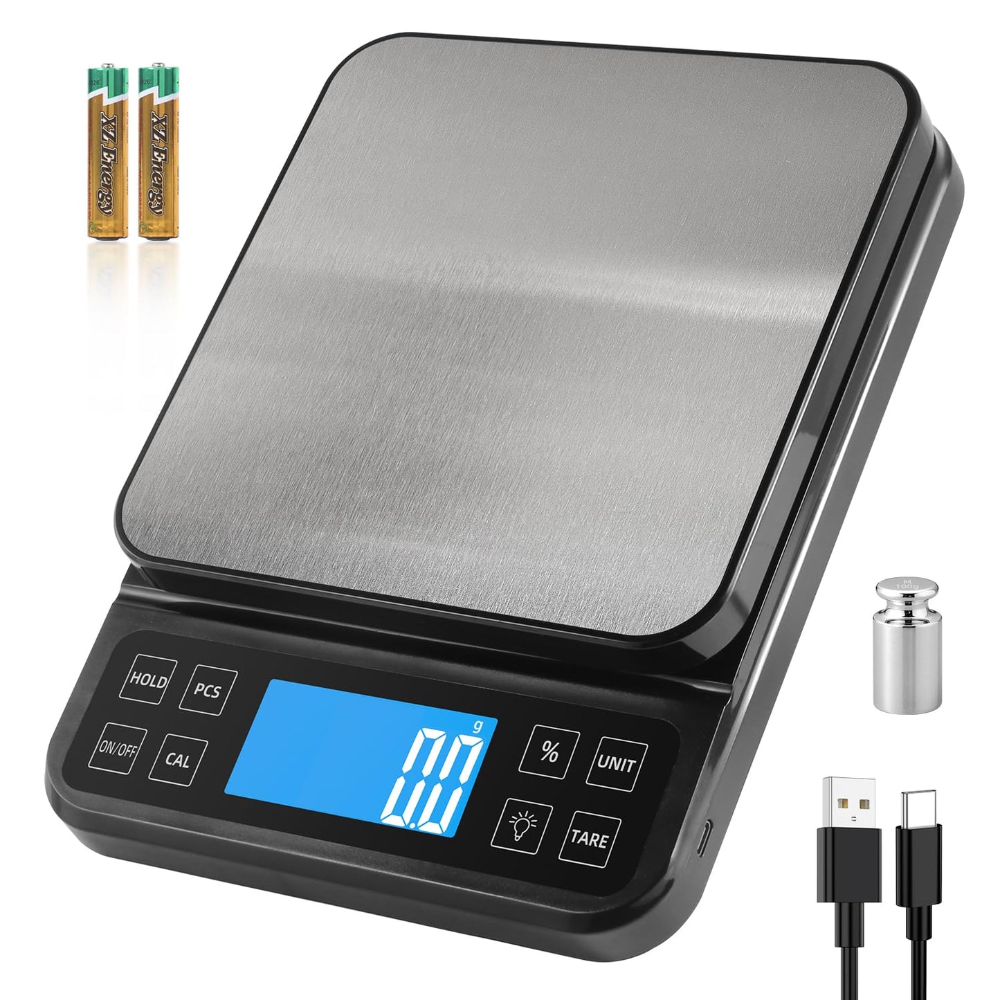 BOMATA Balance de cuisine grande taille, précision de 0,1 g, balance de boulangerie de 5 kg fonction pourcentage, rechargeable par USB, écran LCD à angle complet avec rétroéclairage, Noir et Argent