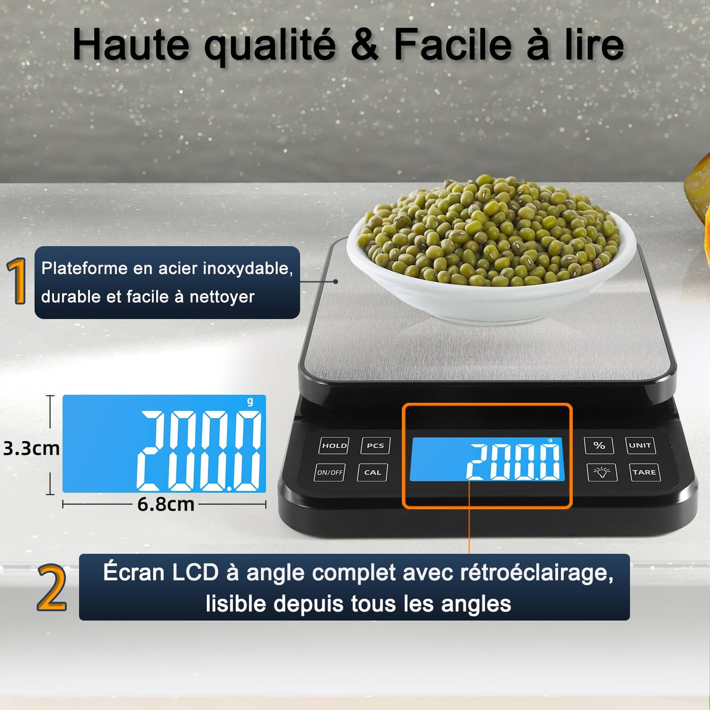 BOMATA Balance de cuisine grande taille, précision de 0,1 g, balance de boulangerie de 5 kg fonction pourcentage, rechargeable par USB, écran LCD à angle complet avec rétroéclairage, Noir et Argent