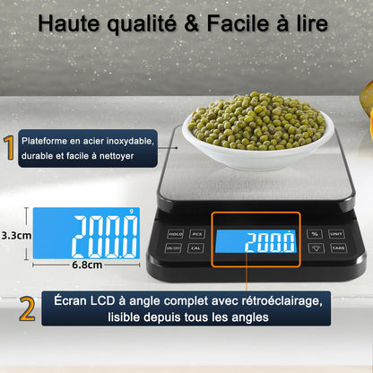 BOMATA Balance de cuisine grande taille, précision de 0,1 g, balance de boulangerie de 5 kg fonction pourcentage, rechargeable par USB, écran LCD à angle complet avec rétroéclairage, Noir et Argent