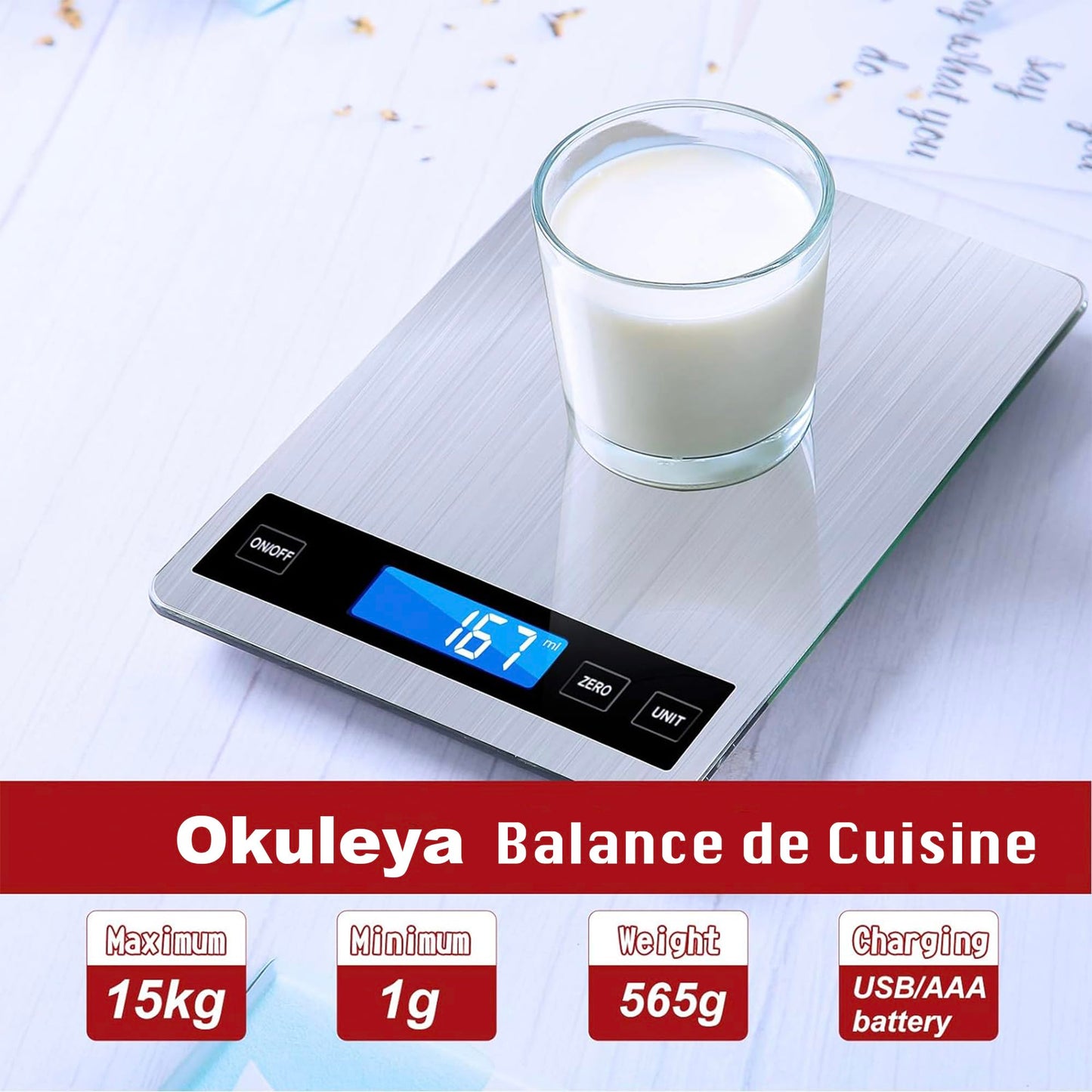 Balance de cuisine numérique 15 kg avec écran LCD + acier inoxydable + verre trempé - Précision jusqu'à 1 g - g/kg/lb:oz/ml/fl'oz - TYPE-C ou piles
