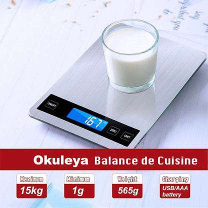 Balance de cuisine numérique 15 kg avec écran LCD + acier inoxydable + verre trempé - Précision jusqu'à 1 g - g/kg/lb:oz/ml/fl'oz - TYPE-C ou piles