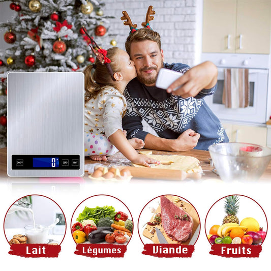 Balance de cuisine numérique 15 kg avec écran LCD + acier inoxydable + verre trempé - Précision jusqu'à 1 g - g/kg/lb:oz/ml/fl'oz - TYPE-C ou piles