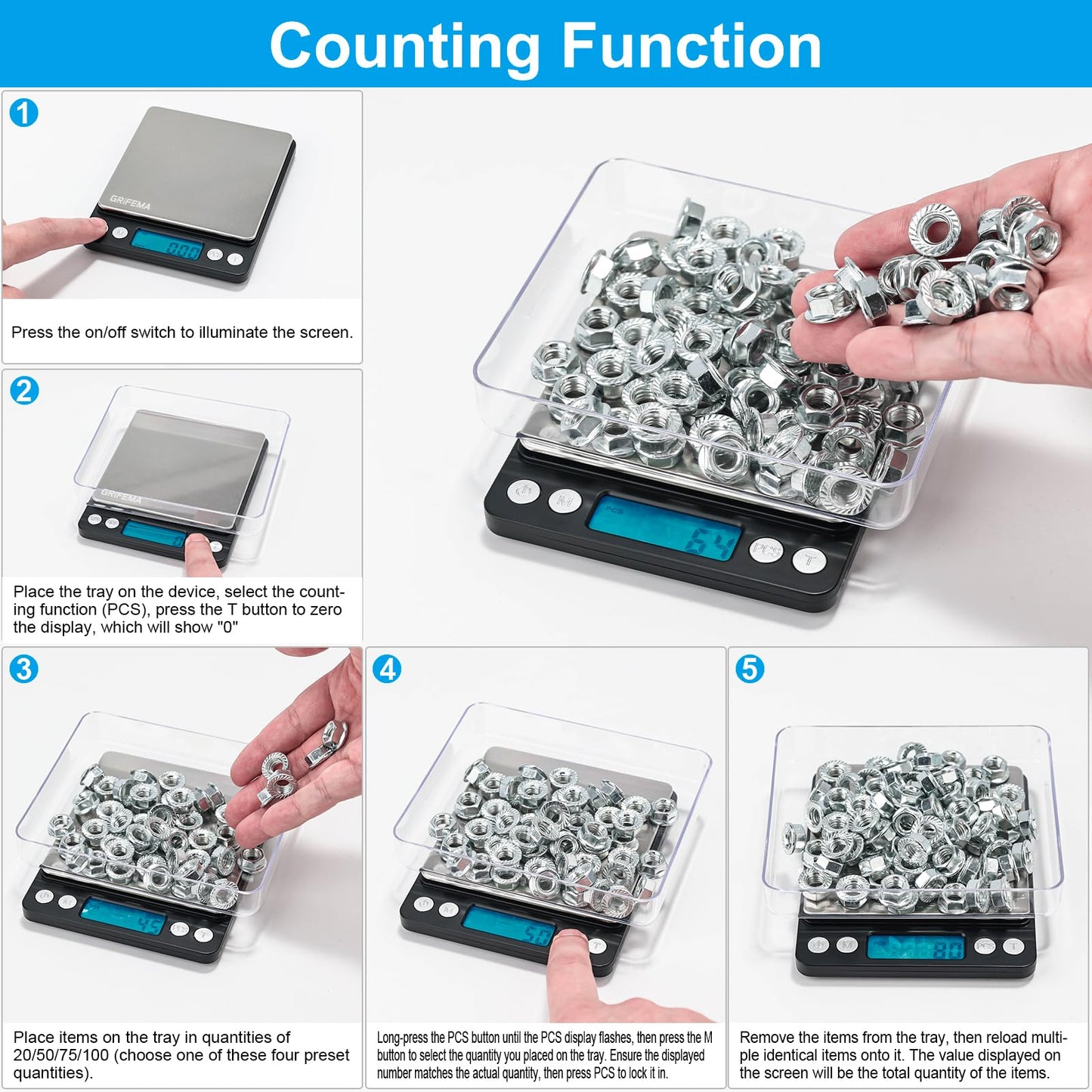 GRIFEMA GA2003 Balance de Cuisine Électronique 0,05-500g, Précision 0,01g, Plateau 10x10cm Acier Inoxydable, Écran LCD Rétroéclairé, 6 Unités de Mesure, Fonction Tare