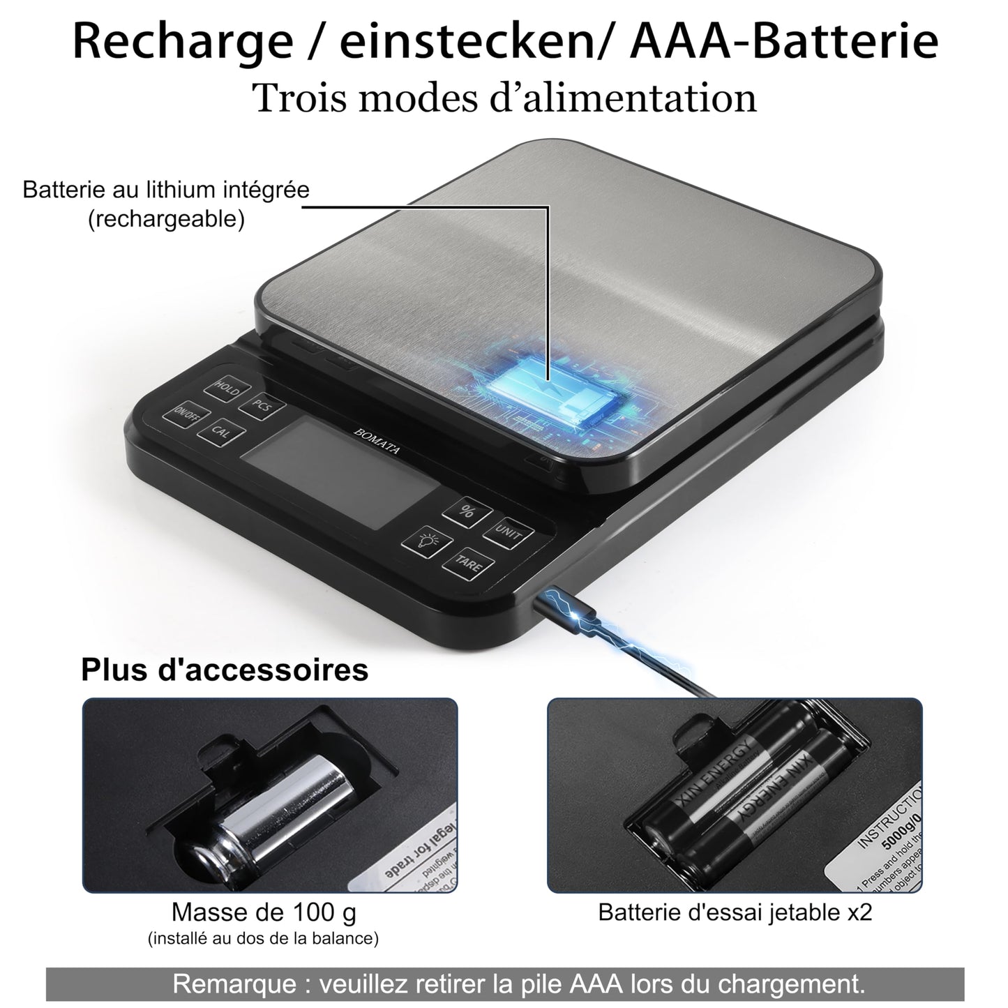 BOMATA Balance de cuisine grande taille, précision de 0,1 g, balance de boulangerie de 5 kg fonction pourcentage, rechargeable par USB, écran LCD à angle complet avec rétroéclairage, Noir et Argent