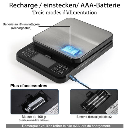 BOMATA Balance de cuisine grande taille, précision de 0,1 g, balance de boulangerie de 5 kg fonction pourcentage, rechargeable par USB, écran LCD à angle complet avec rétroéclairage, Noir et Argent