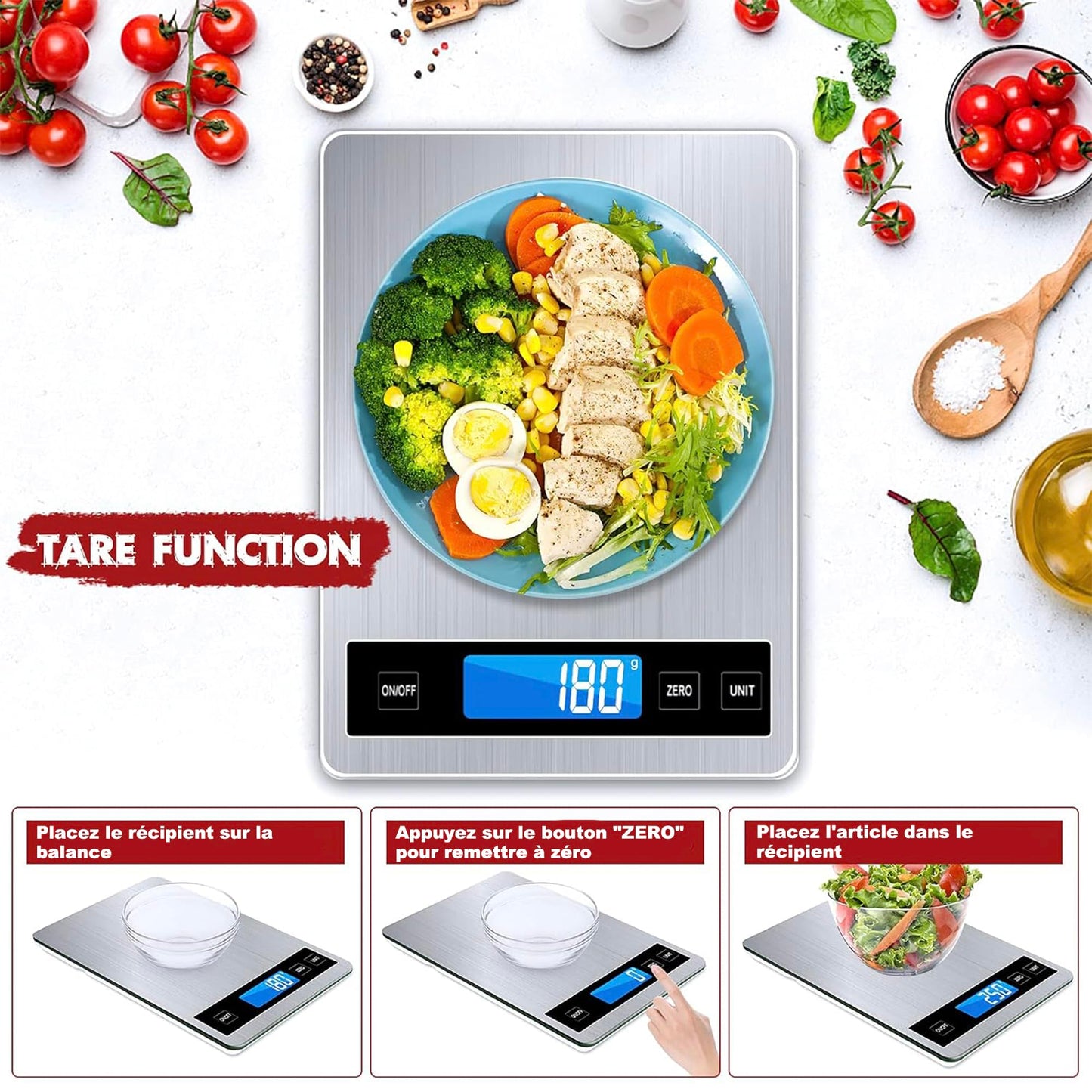 Balance de cuisine numérique 15 kg avec écran LCD + acier inoxydable + verre trempé - Précision jusqu'à 1 g - g/kg/lb:oz/ml/fl'oz - TYPE-C ou piles